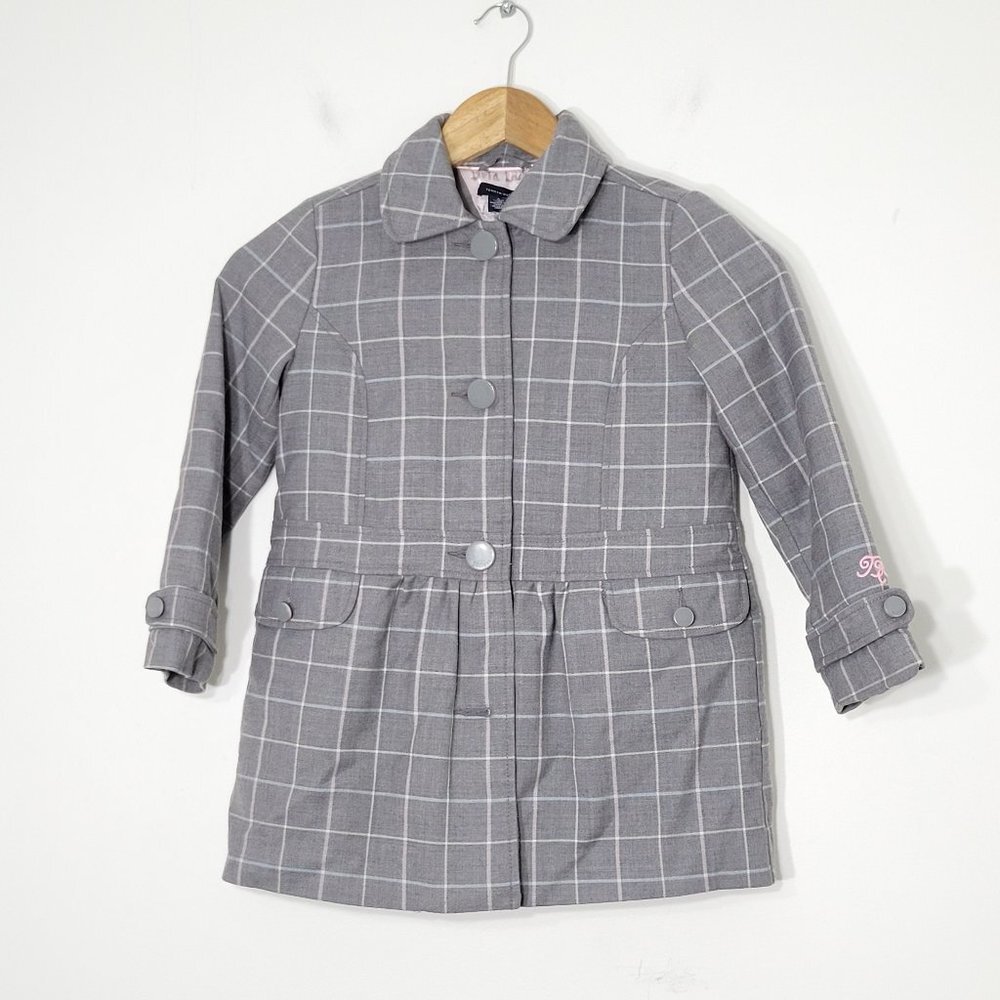 💕Tommy Hilfiger Gray Girl Windowpane Check Button Front Peplum Coat Jacket